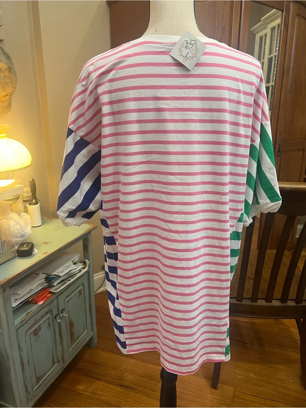 Women's Oversized Striped Tunic - Pink, Green & Blue - Picture 4 of 5